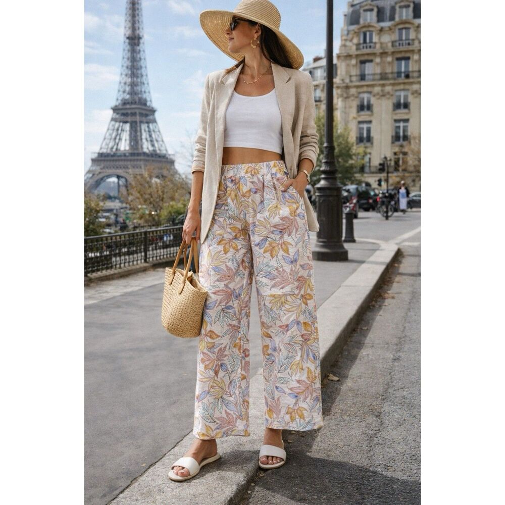 Nicole Miller New York Size Large 100% Linen Wide Leg Pants Pockets Floral